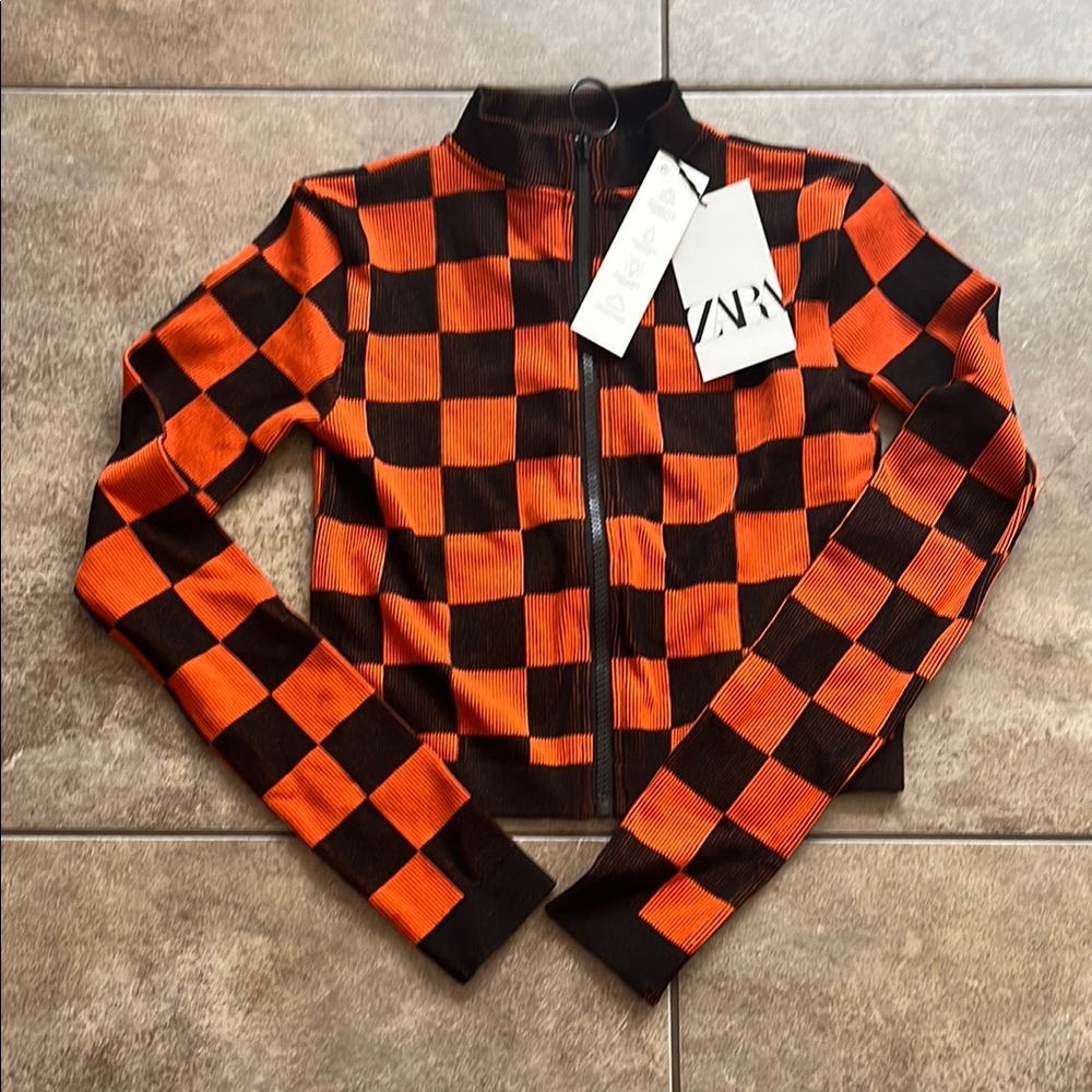 Zara Orange and Black Bomber Jacket with Checkerboard Pattern